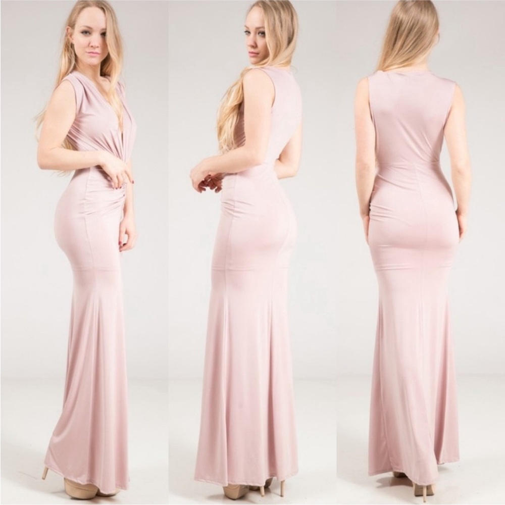 Elegant Deep V Neck Pink Sleeveless Maxi Dress